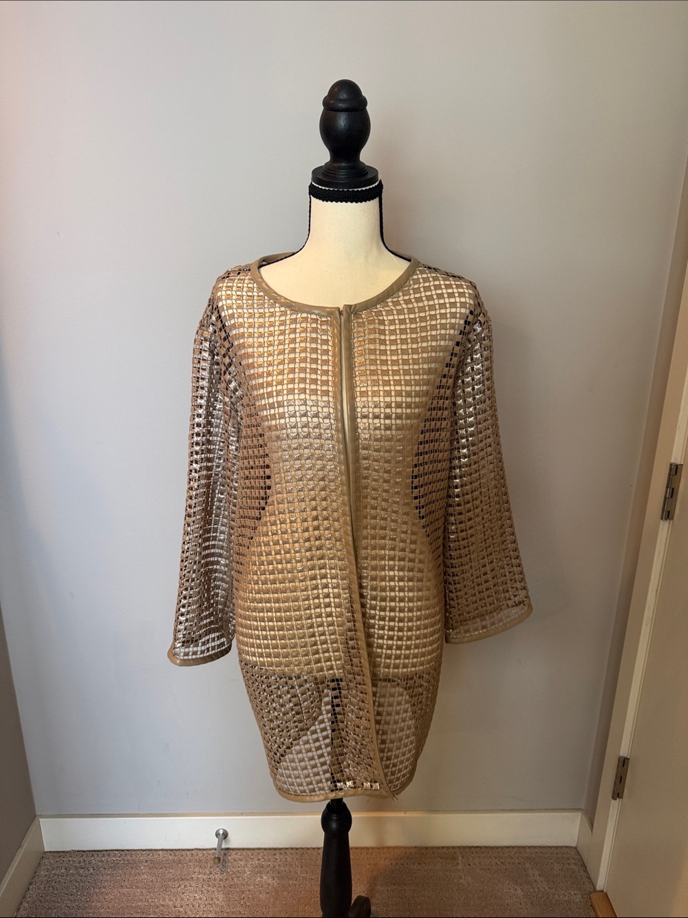 Chico's Taupe Mesh Openwork Knit Jacket